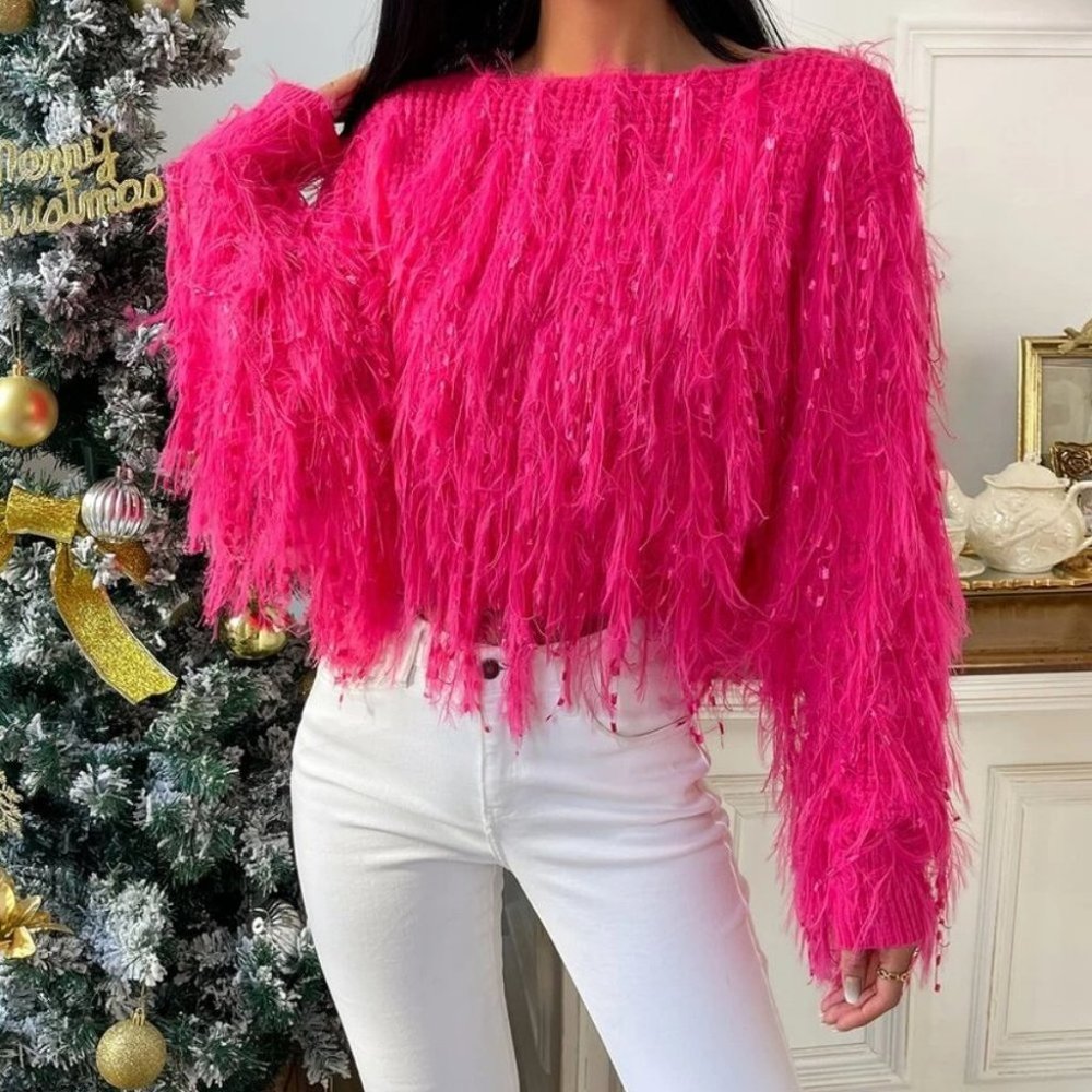 Statement maker! Barbie Fuzzy Fringe Crop knit Sweater top Pink - Picture 2 of 7